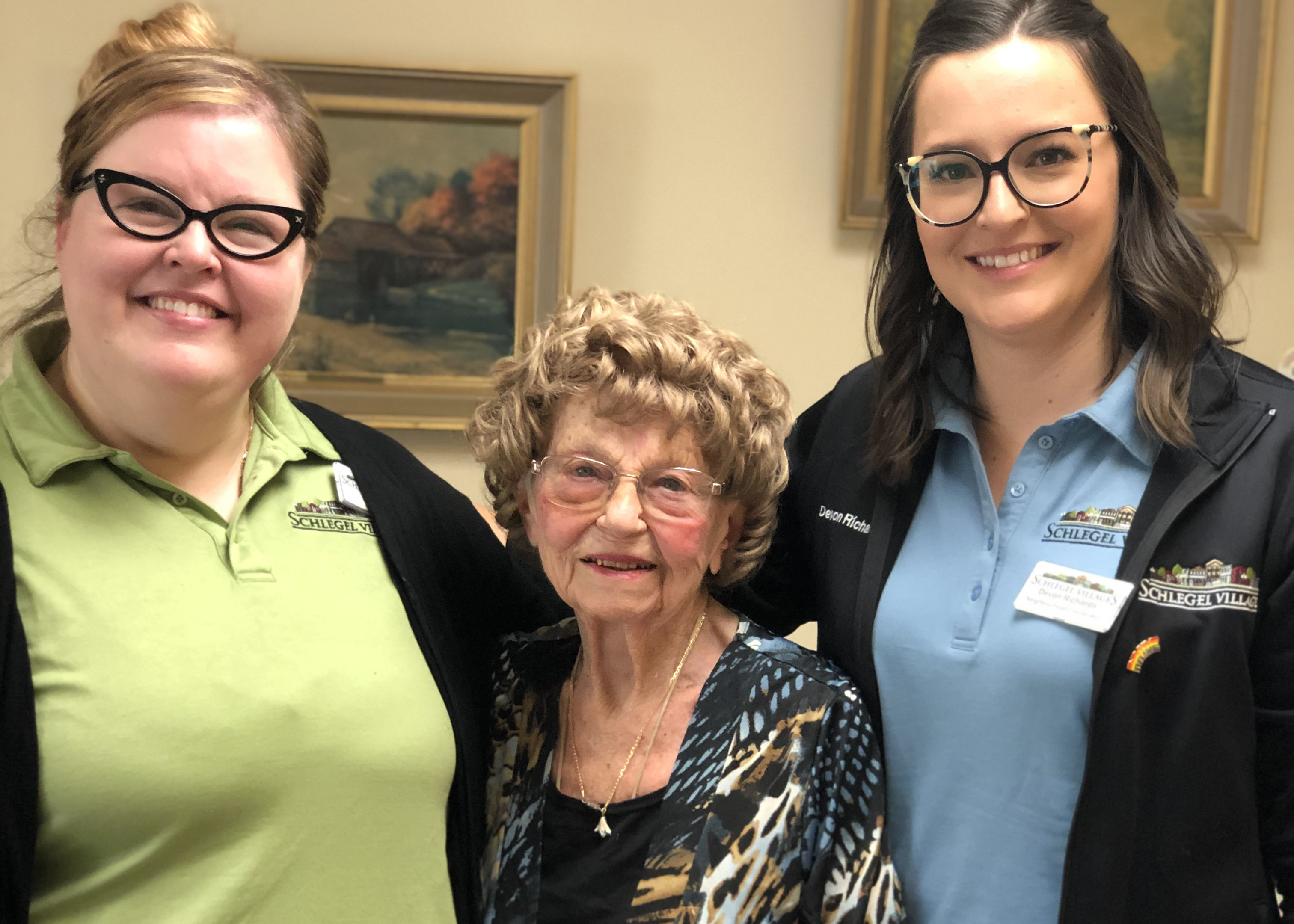 Becki and Devon are just two of many team members going  above and beyond with residents like Donna at Riverside Glen to connect them with loved ones .