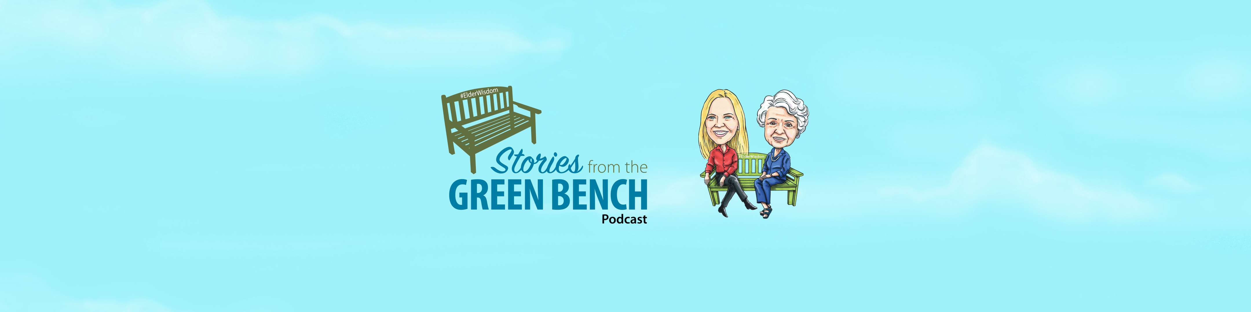 text: stories from the green bench podcast, Caricature art of Kathy Buckworth & Evelyn Brindle on the green bench
