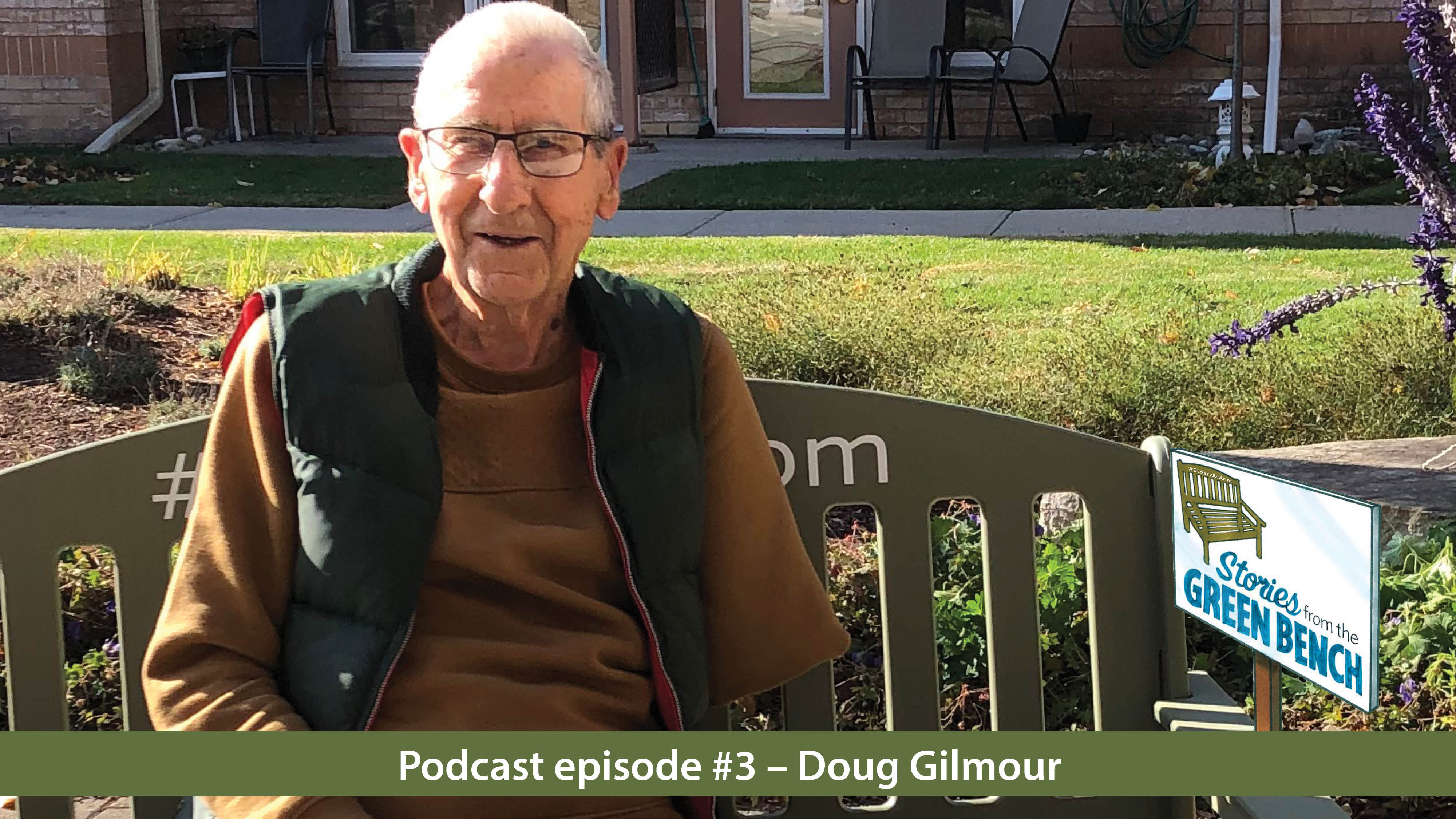 Resident Doug Gilmour sitting on the Green Bench in promotion of the Podcast Episode #3