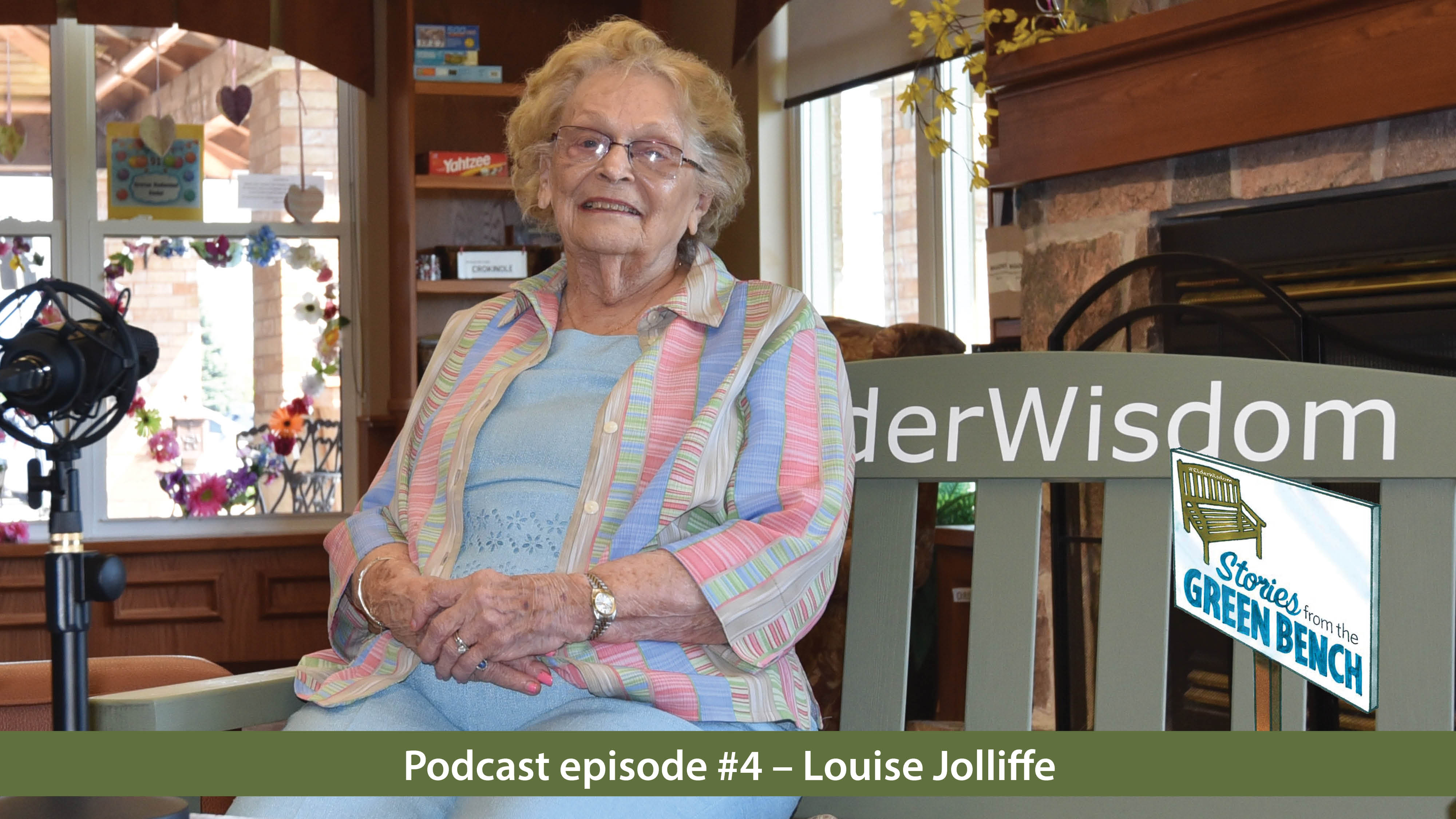 Louise Jolliffe sitting on the Green Bench for podcast episode #4