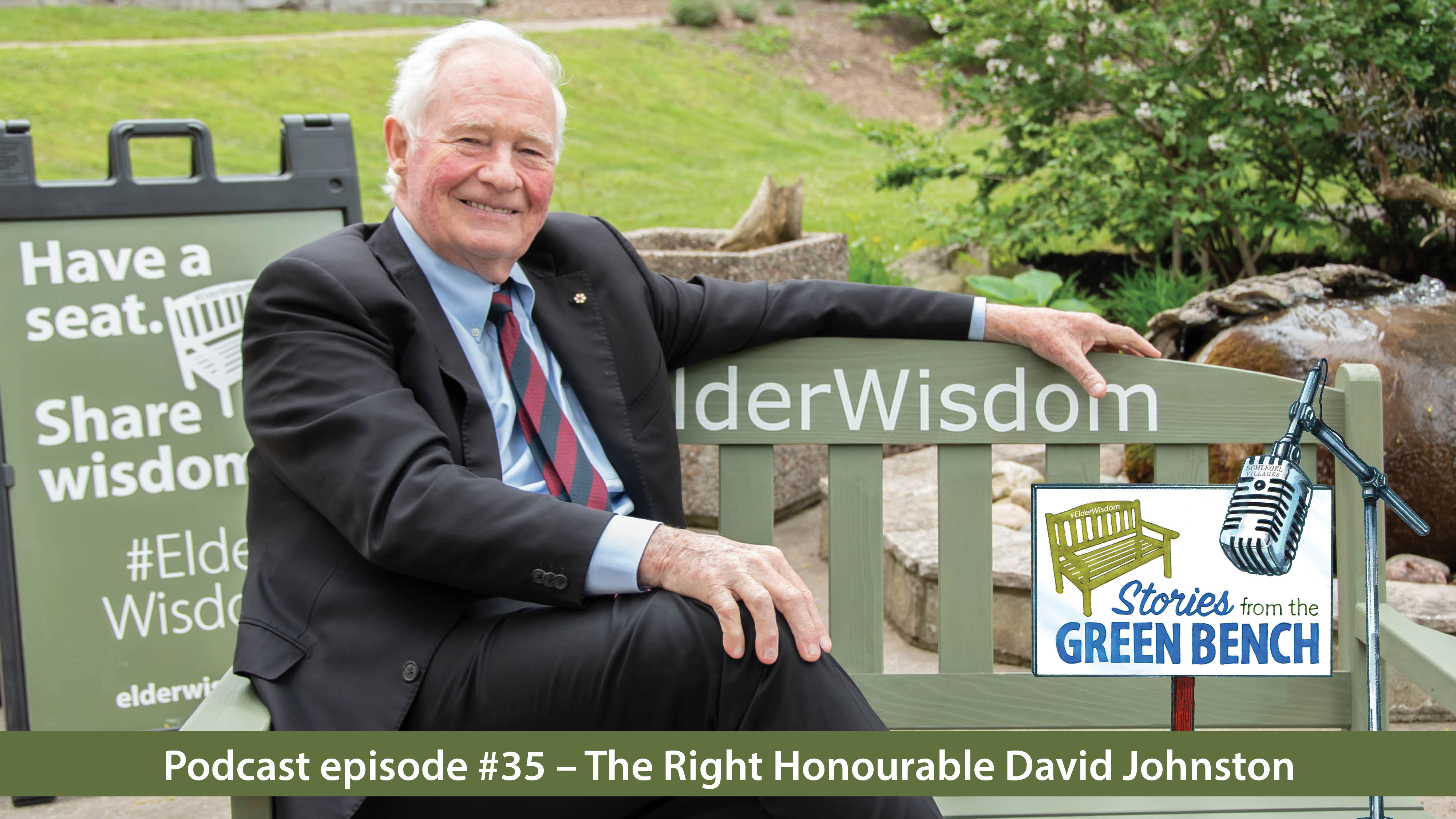 David Johnston sitting on the #ElderWisdom green bench