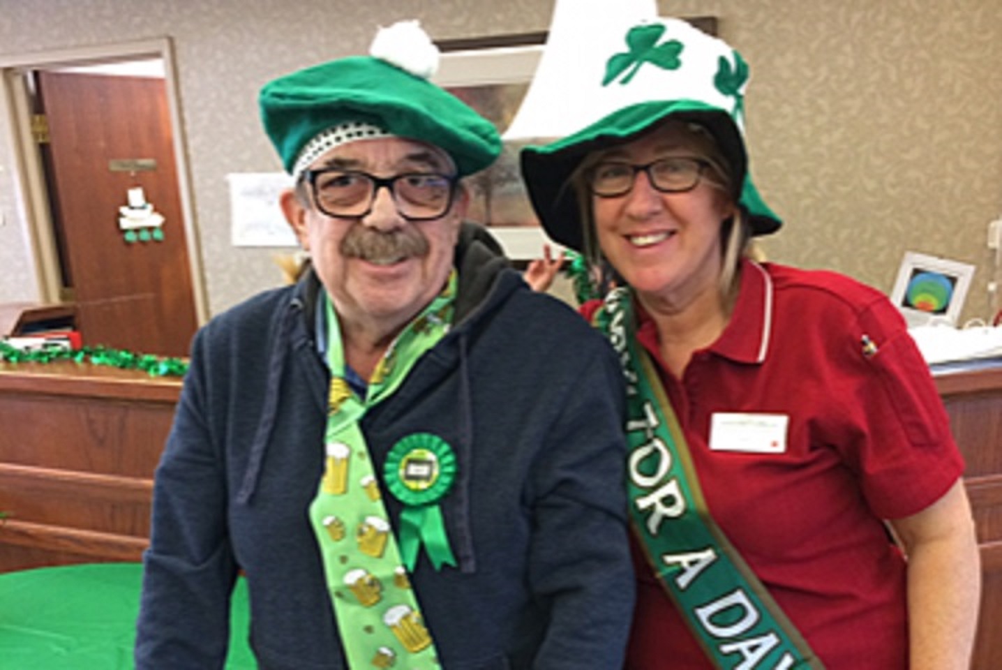 Doug and Kim celebrating St. Patrick's Day together. Kim says the CONNECT The Dots customer service training has helped the team at Riverside Glen support Doug even better