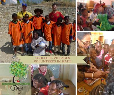 Collage of photos showing team members with children in Haiti working on crafts, playing soccer, and posing for a group shot outside