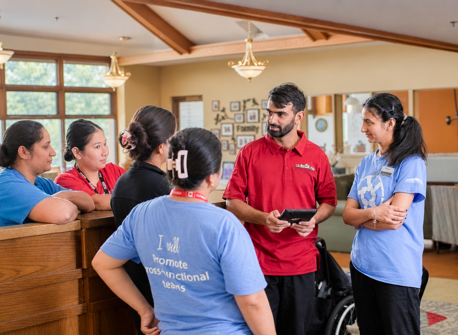 Team members huddle
