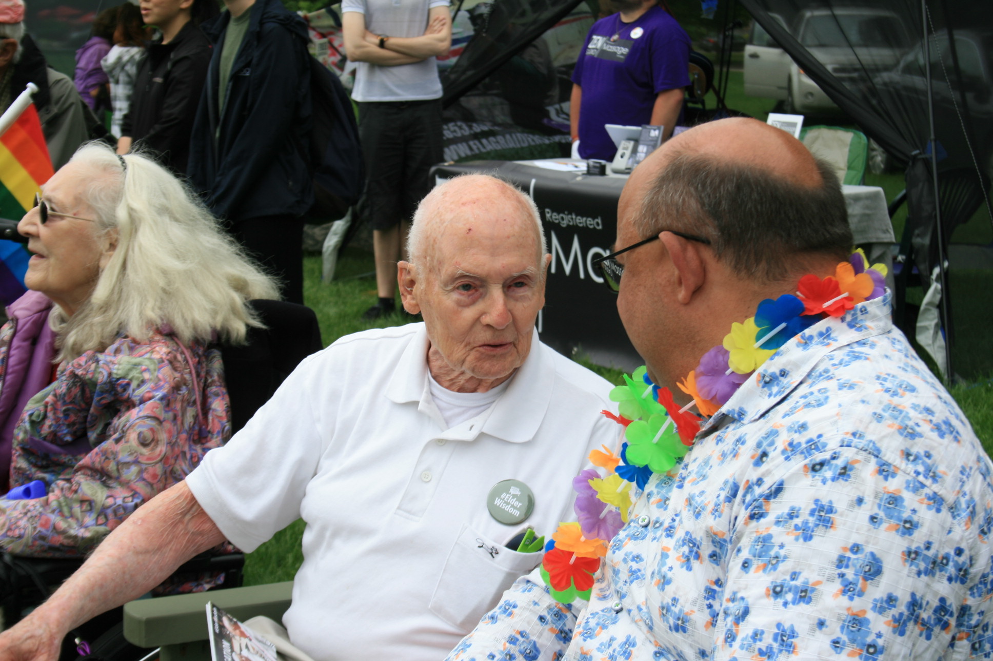 George shares #ElderWisdom with Mayor Berry Vrbanovic at Tri-Pride