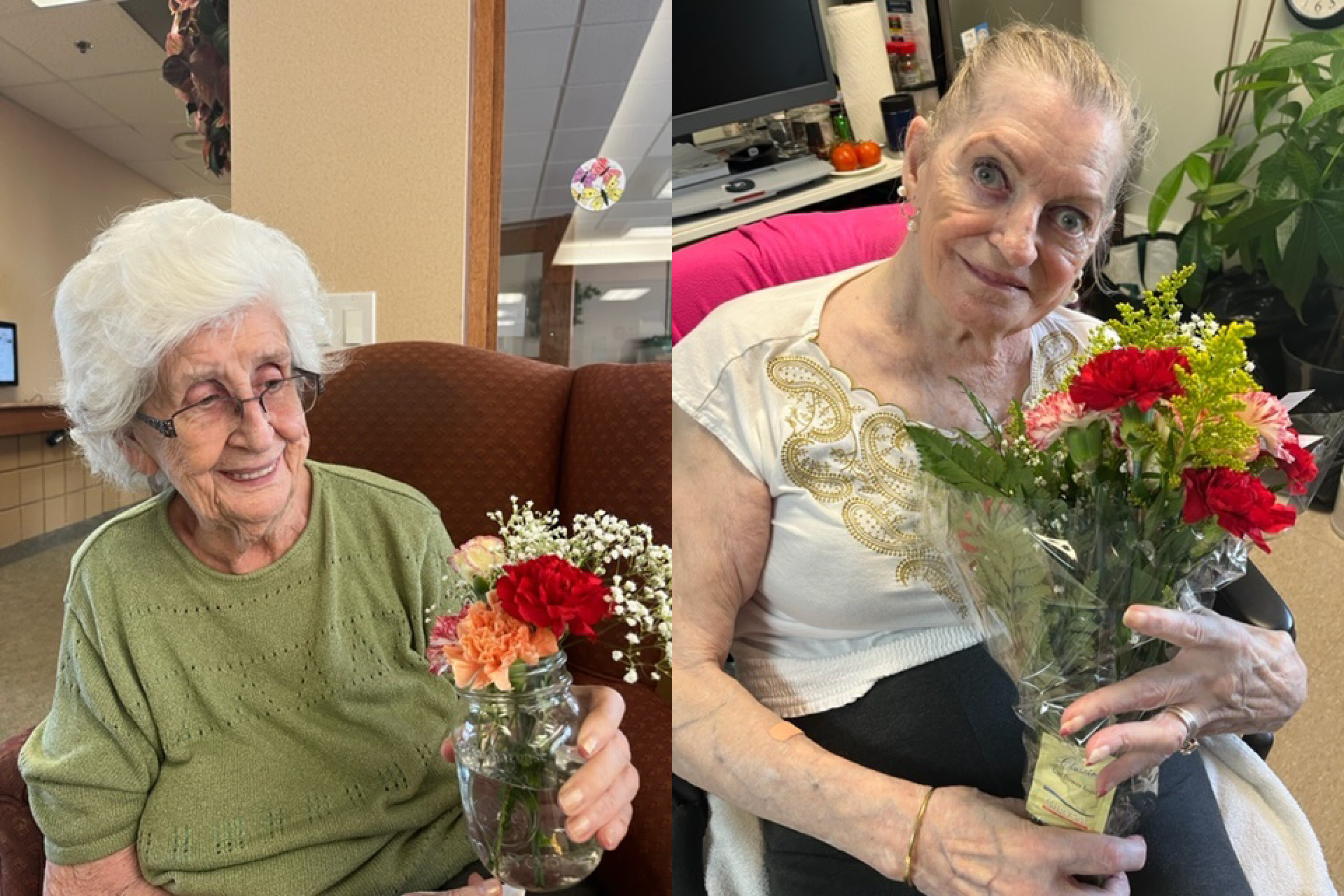 seniors sit with flowers that were gifted from local florist