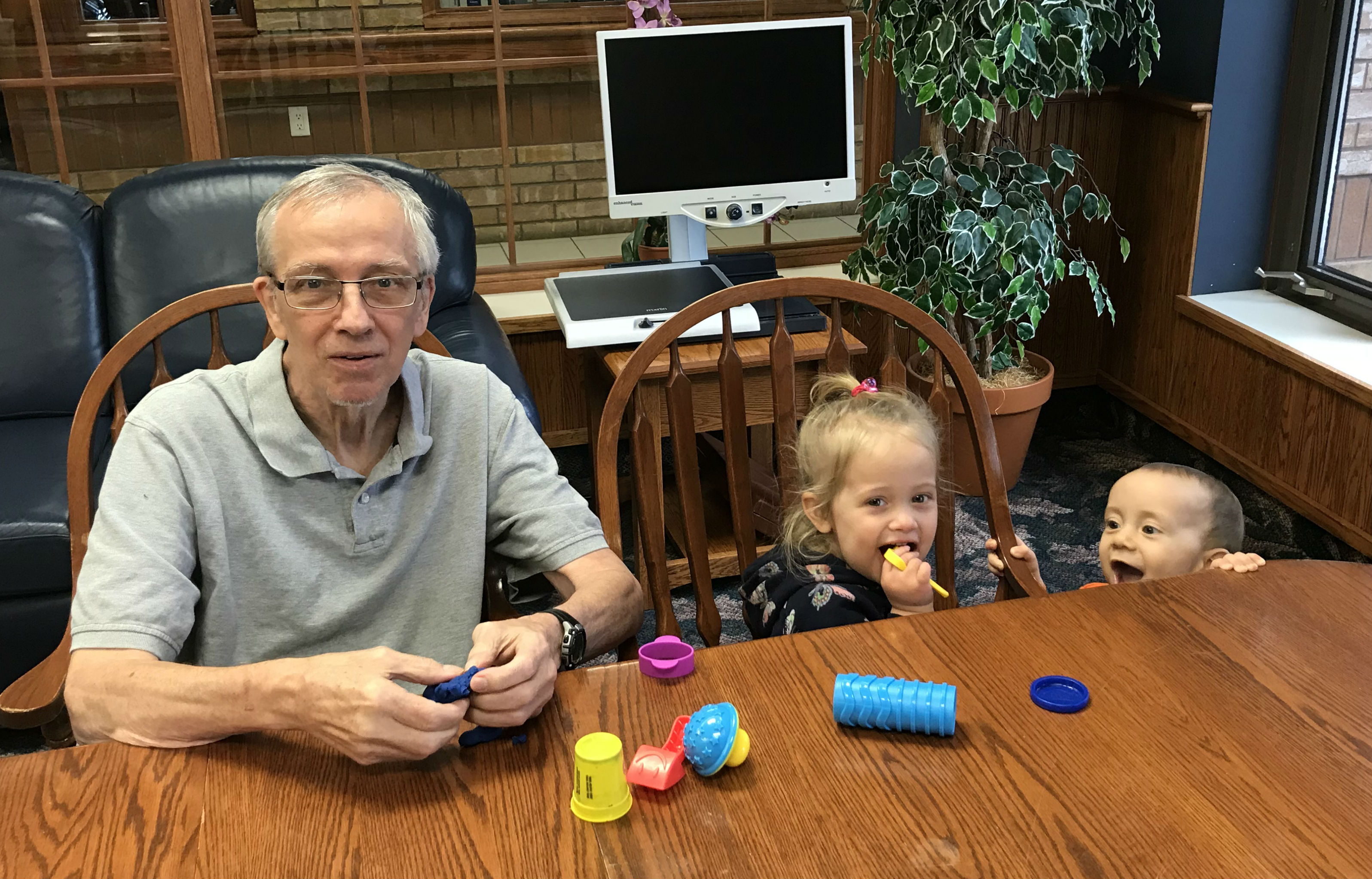 Norm, Ivy and Wes at a recent visit to Riverside Glen. Ivy "has asked every day since then if we can go back to Pop-Pop’s place to play playdough,"