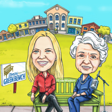 Kathy Buckworth and Evelyn Brindle caricature artwork for the #ElderWisdom podcast