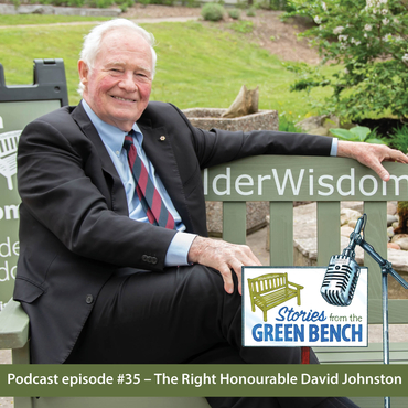 The Right Honourable David Johnston sitting on the #ElderWisdom green bench