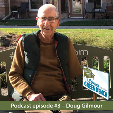 Resident Doug Gilmour sitting on the Green Bench in promotion of the Podcast episode #3