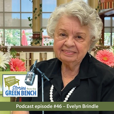 Evelyn Brindle on the green bench