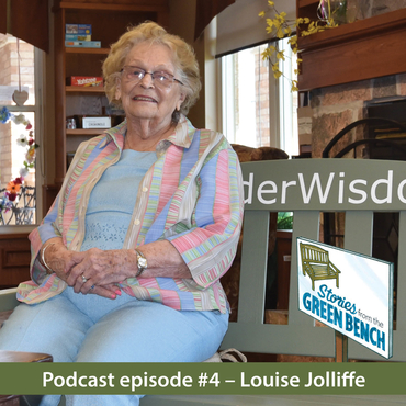 Louise Jolliffe sitting on the green bench in promotion of the podcast episode #4