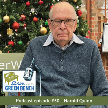 Harold Quinn sitting on the green bench to promote the 50th episode of the #ElderWisdom podcast