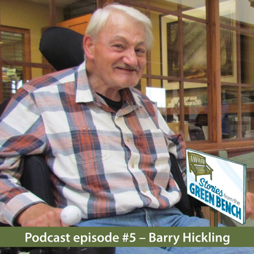 Barry sits with the #elderwisdom green bench in promotion of the podcast episode 5