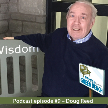 Doug Reed sitting on the #ElderWisdom bench to promote his podcast episode