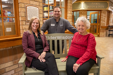 Kathy, Evelyn and Ted on the Green #ElderWisdom Bench for the podcast recording