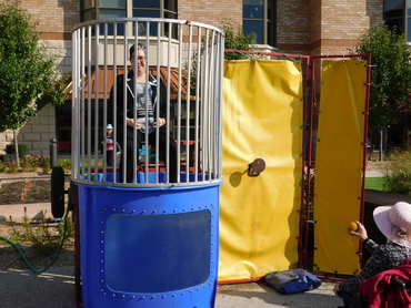 Assistant General Manager Kelly Younger awaits her fate in the Dunk Tank. 