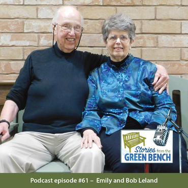 Bob & Emily Leland on the #ElderWisdom bench sharing their story on the podcast