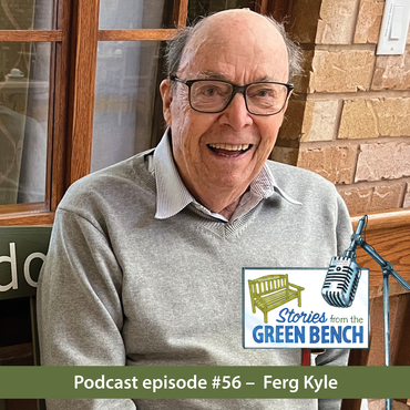 Ferg Kyle sitting on the Green Bench in promotion of the #ElderWisdom podcast