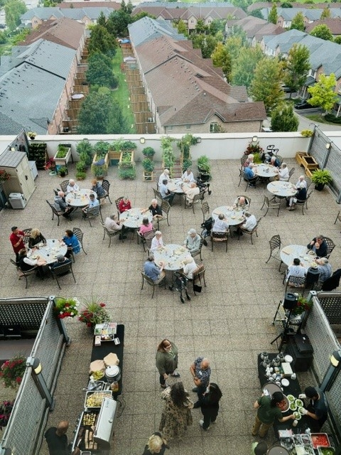 An overhad view of the tables during the patio party at The Village of Erin Meadows.