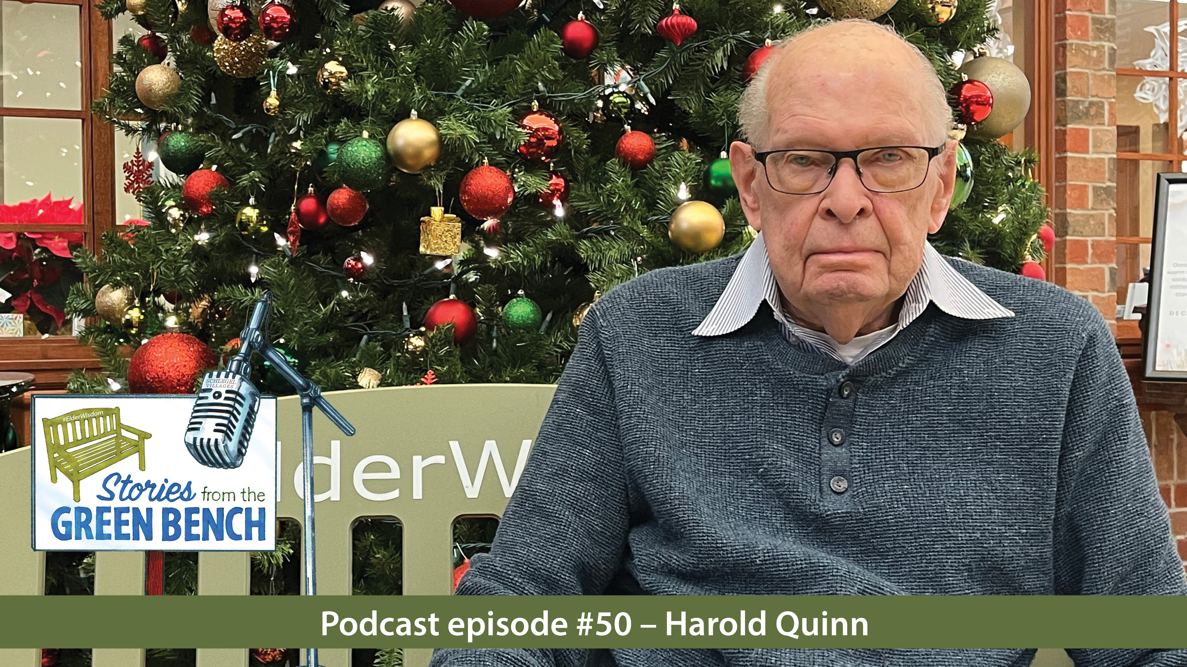 Harold Quinn sitting on the green bench in promotion of episode #50 of the podcast