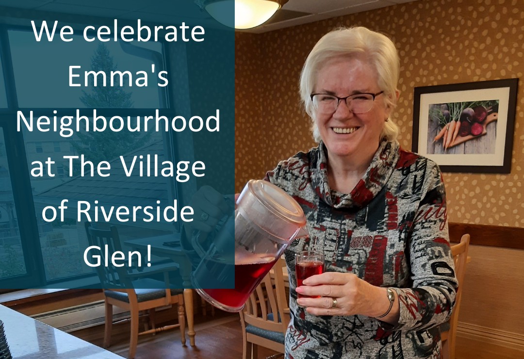 woman pours juice in a glass (text on image: We celebrate Emma's Neighbourhood at The Village of Riverside Glen!)