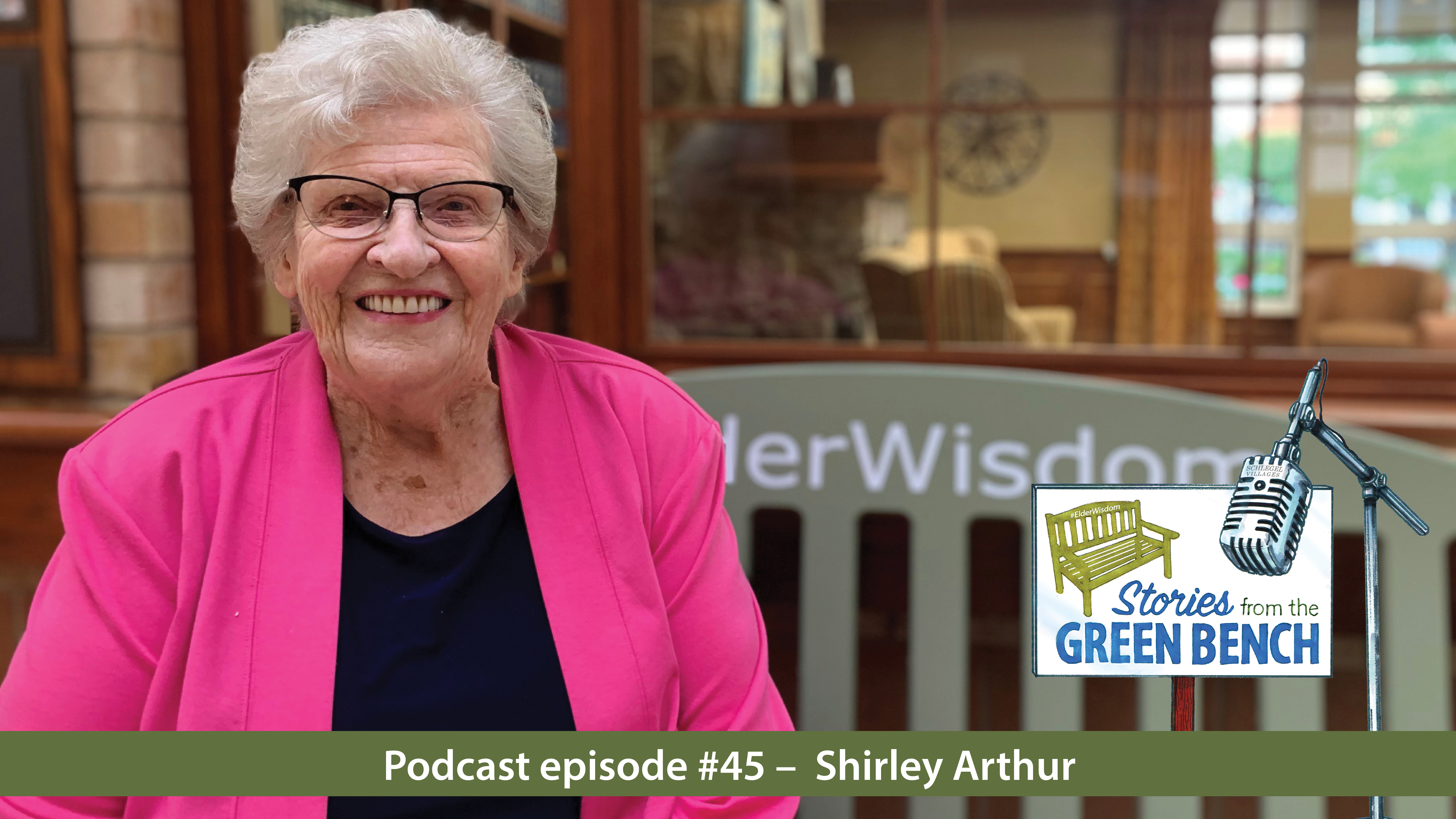 Shirley Arthur sitting on the green bench to promote the elder wisdom podcast
