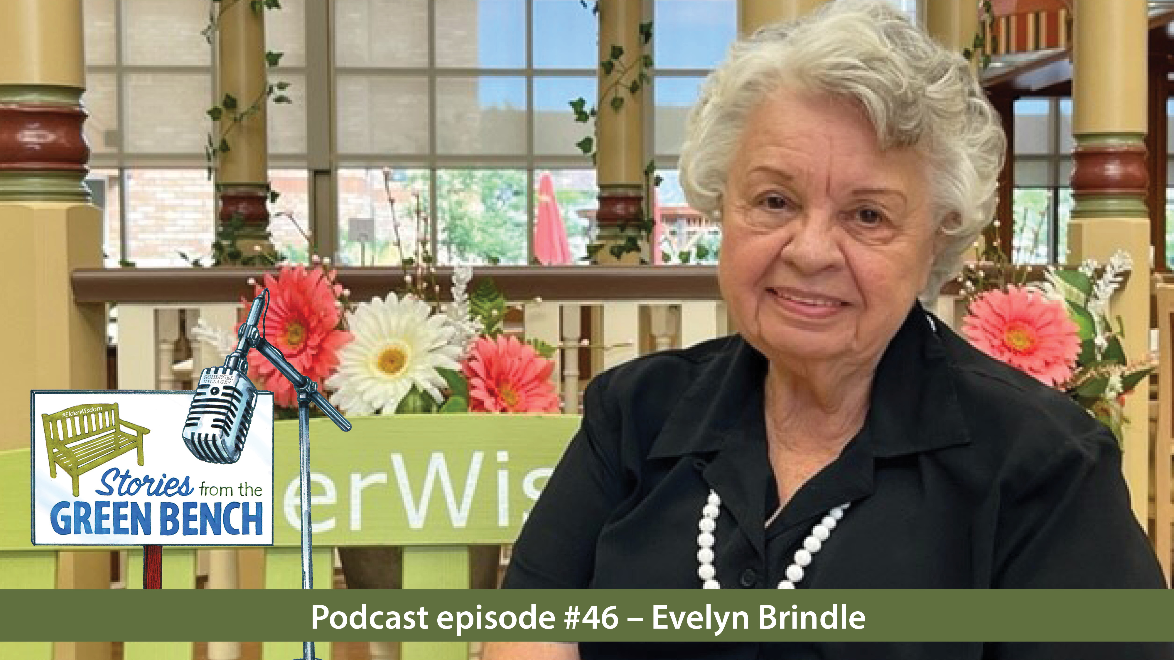 Evelyn Brindle on the green bench in promotion of her podcast episode