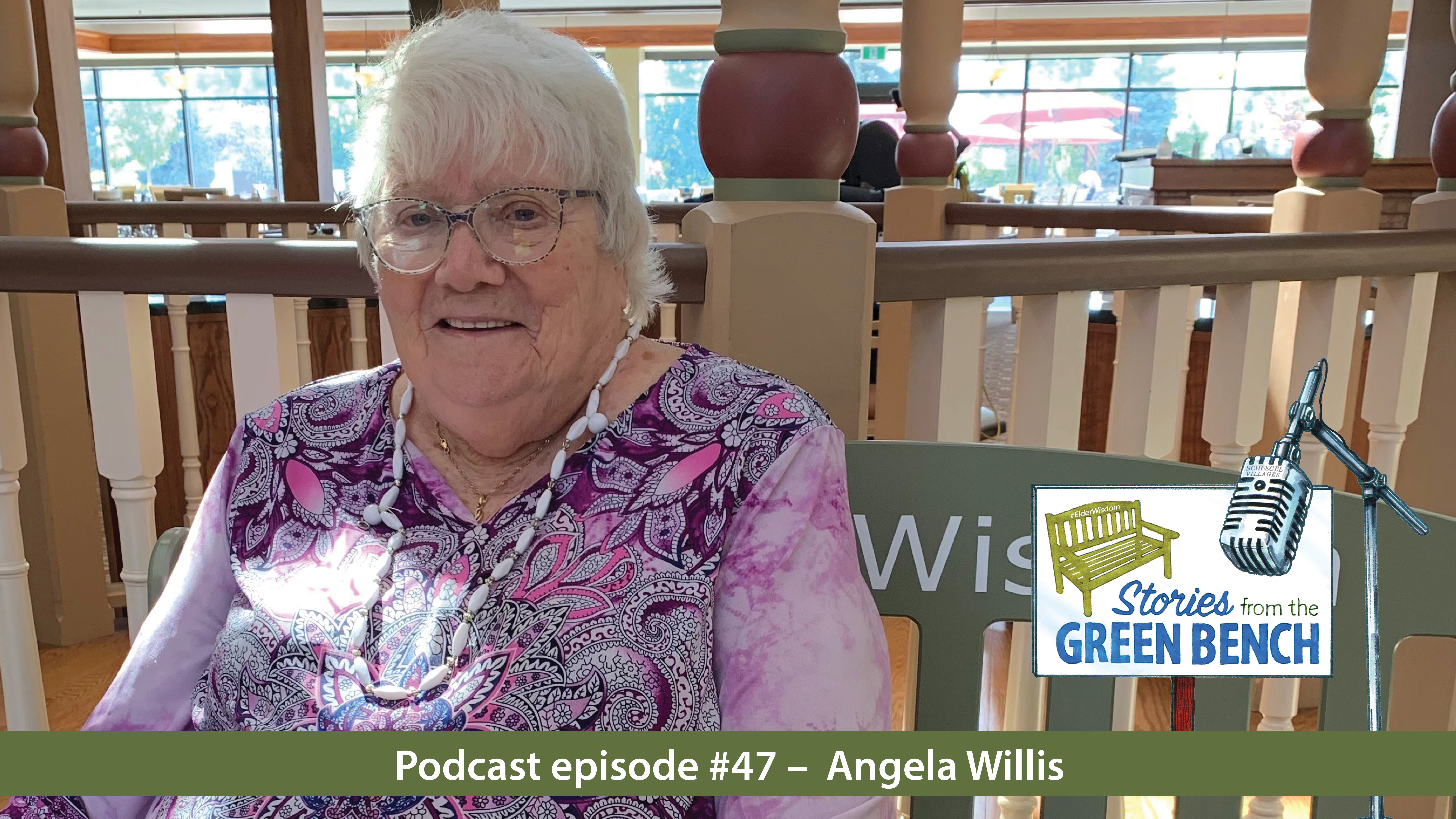 Podcast Episode #47 - Angela Willis sitting on the green bench