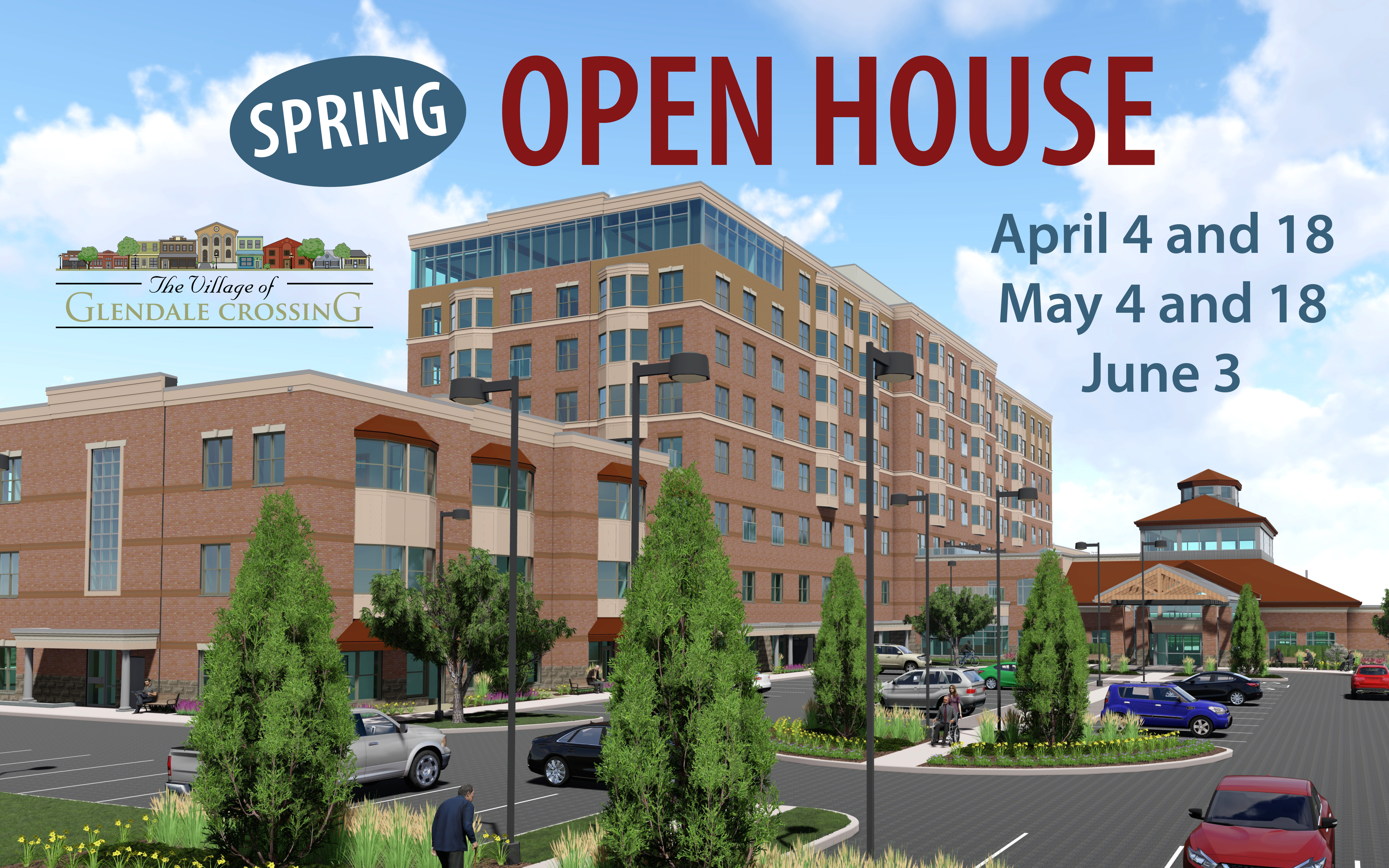Designed image of The Village of Glendale Crossing Retirement in London promoting the Spring Open House