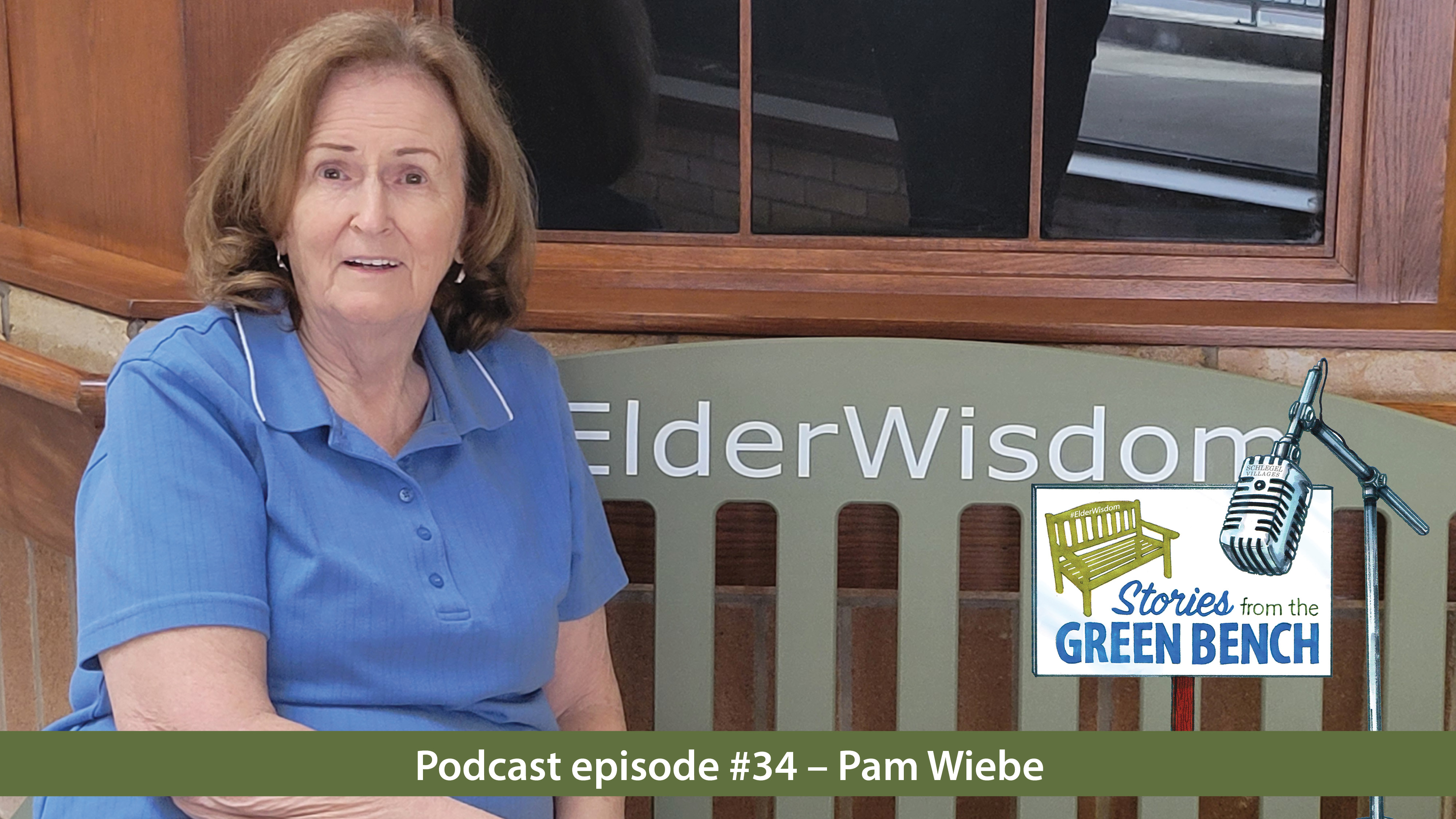 Pam Wiebe sits on the green bench to share her story on the #ElderWisdom podcast