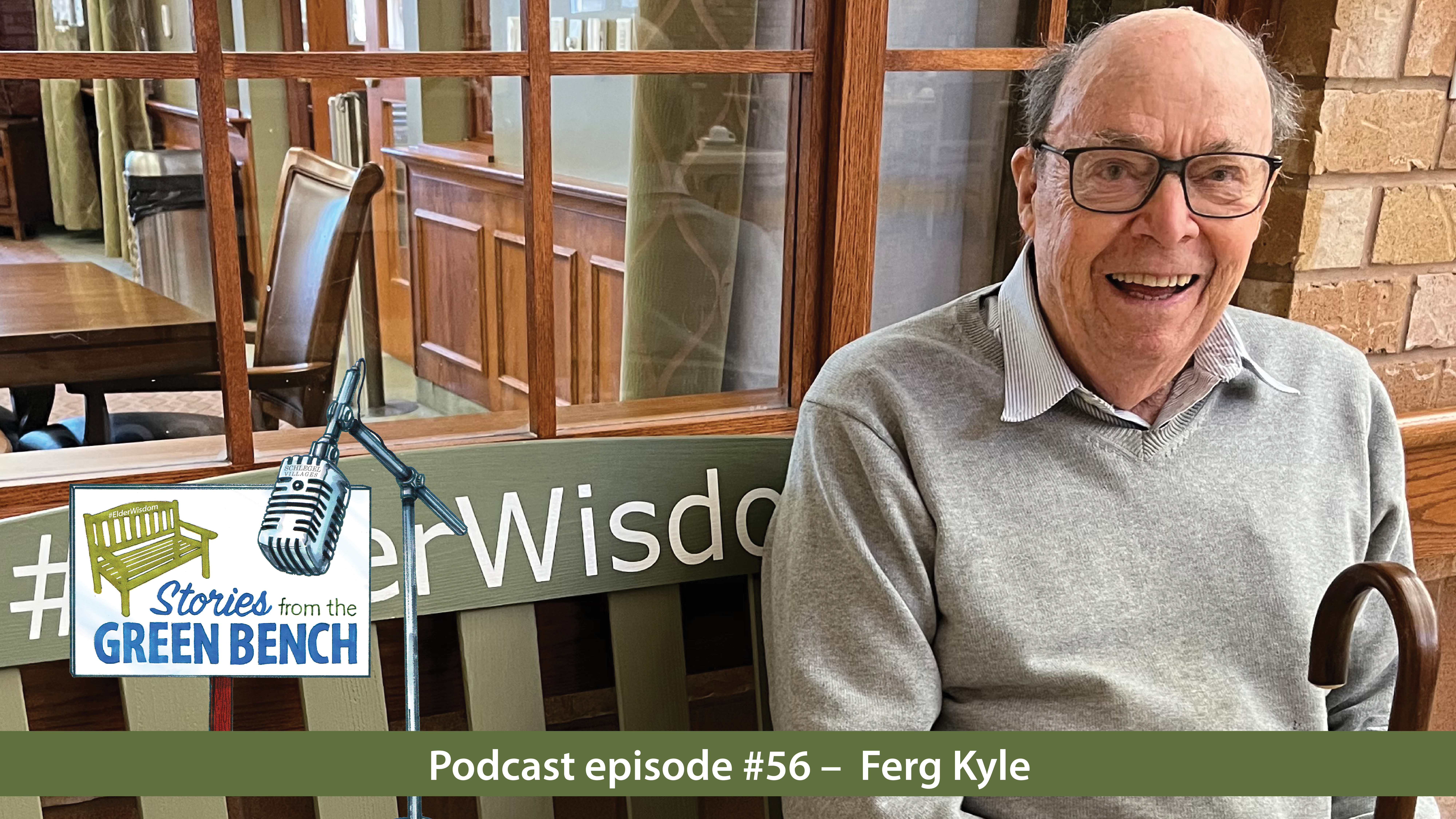 Ferg Kyle sitting on the Green Bench in promotion of the #ElderWisdom podcast