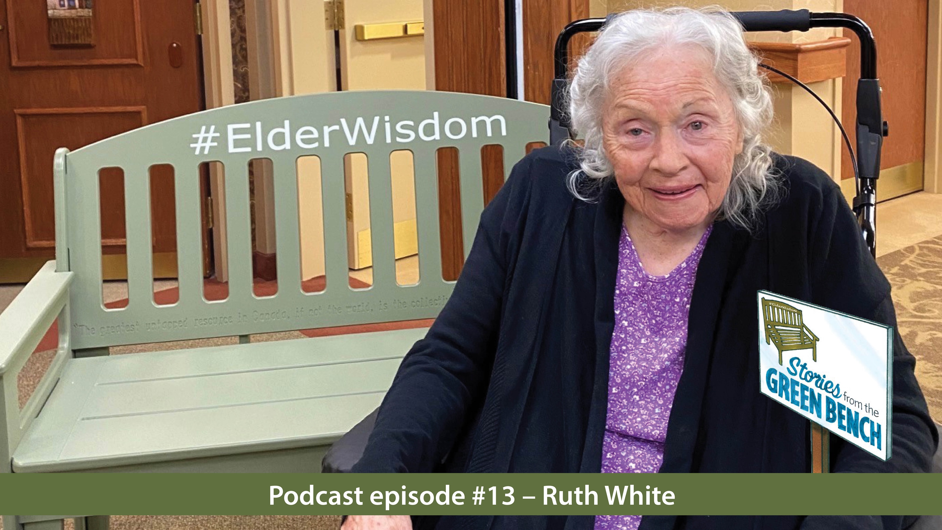 Ruth sits alongside the #ElderWisdom green bench at The Village of Arbour Trails