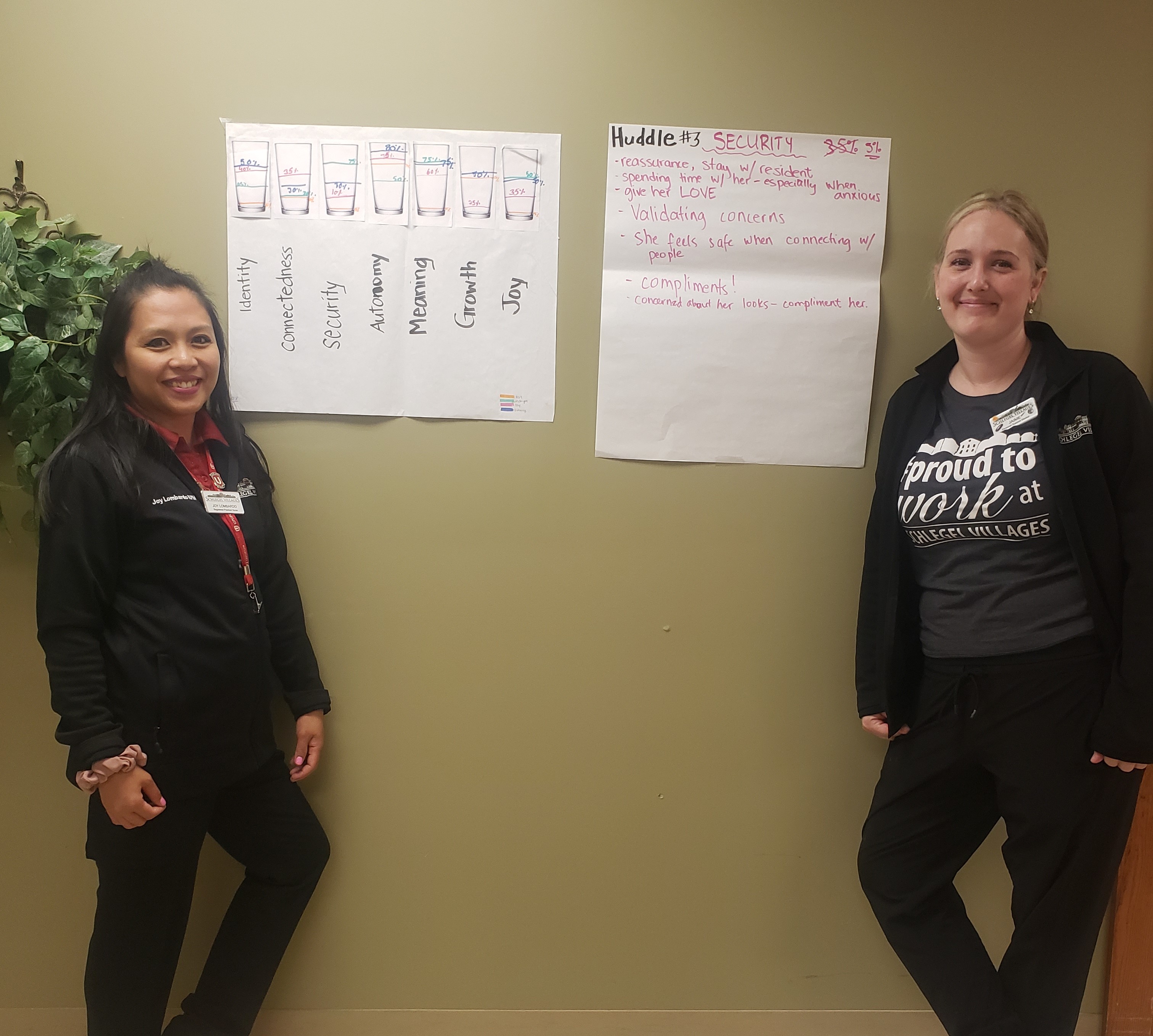 Team Members standing with educational materials on the wall.