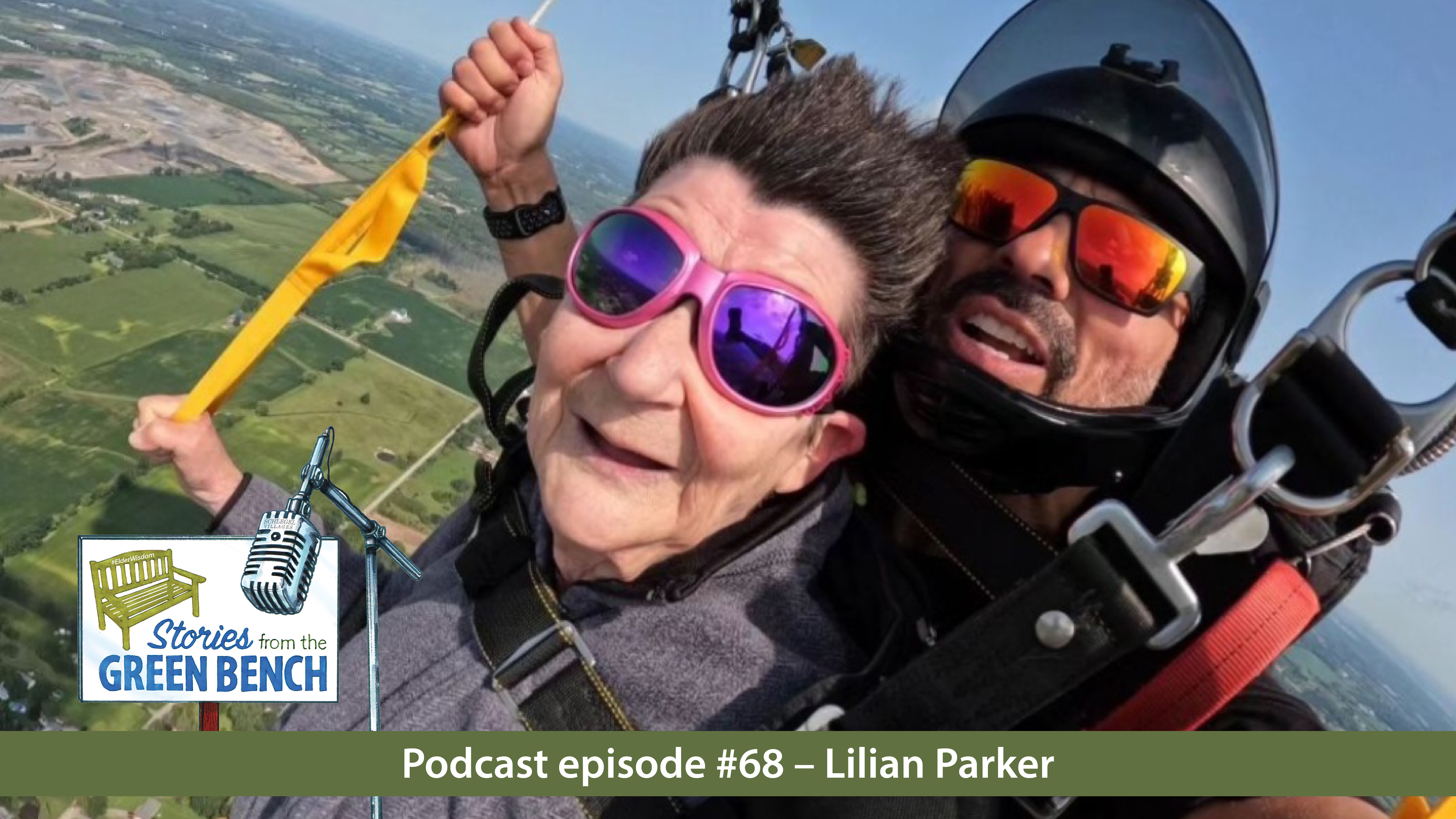 Lillian Parker skydiving, promotion for the #ElderWisdom podcast