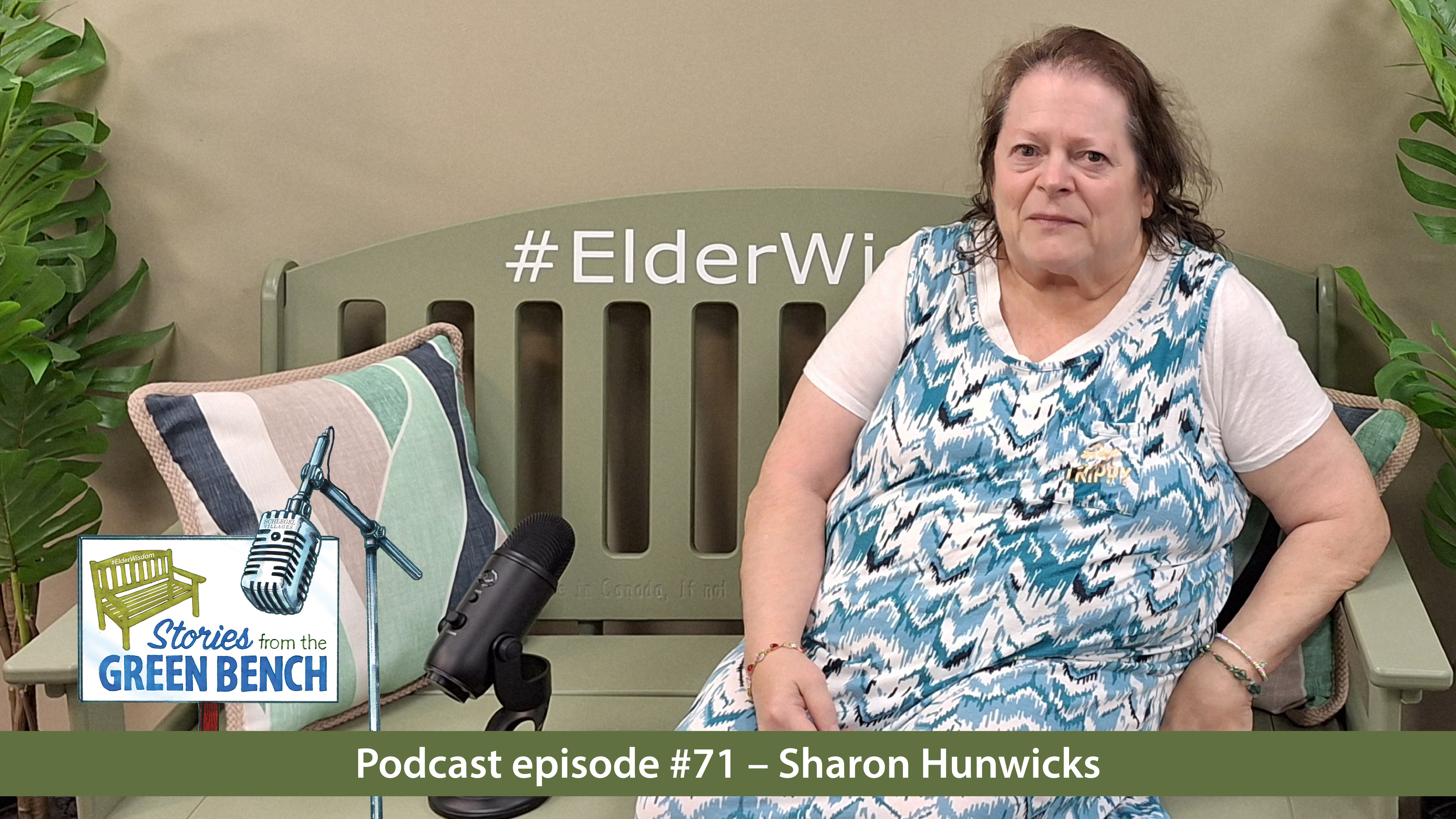 Sharon sitting on the #ElderWisdom green bench at Erin Mills Lodge