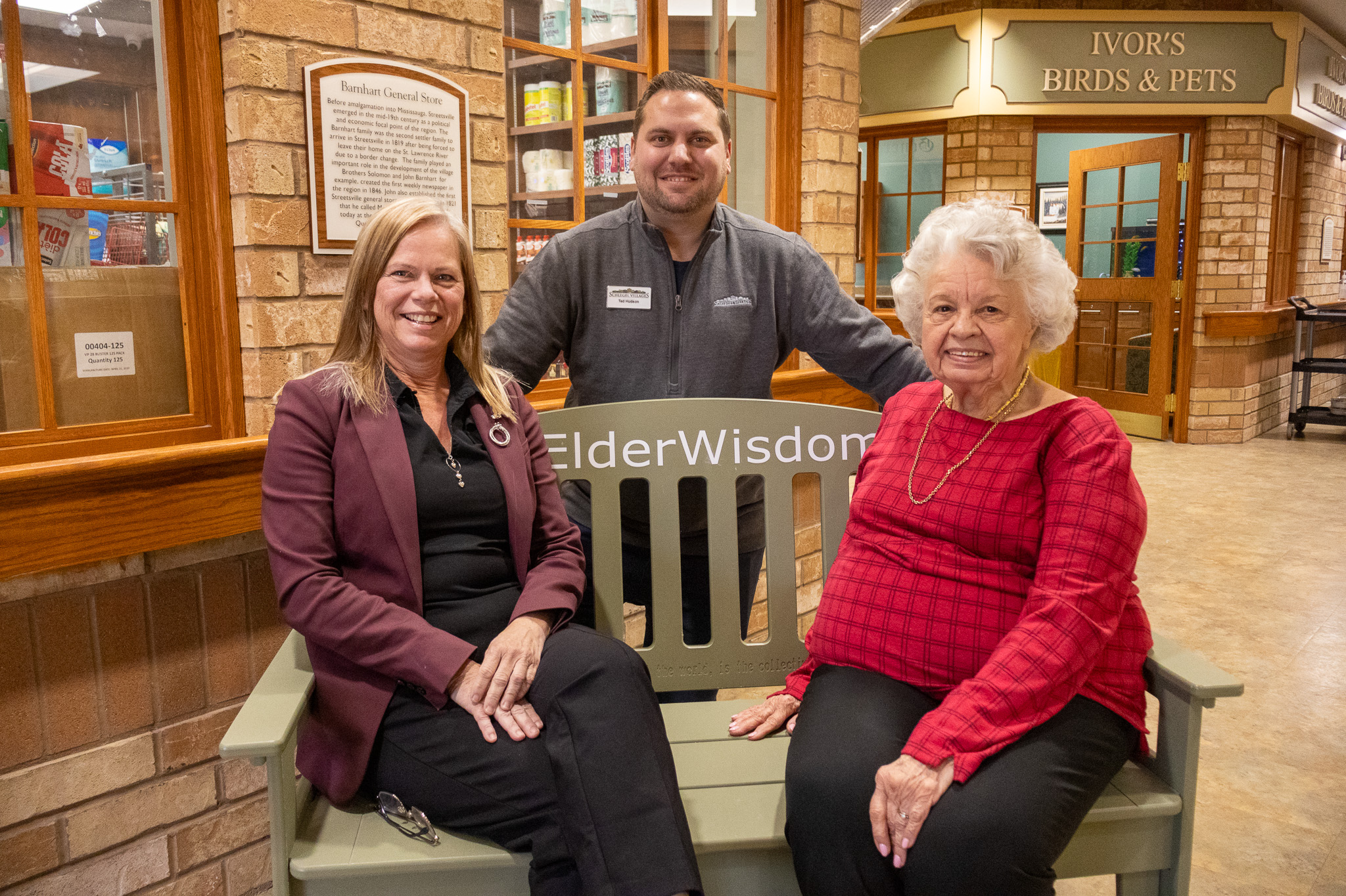 Kathy Buckworth, Evelyn Brindle, & Ted Hudson with the Green #ElderWisdom Bench