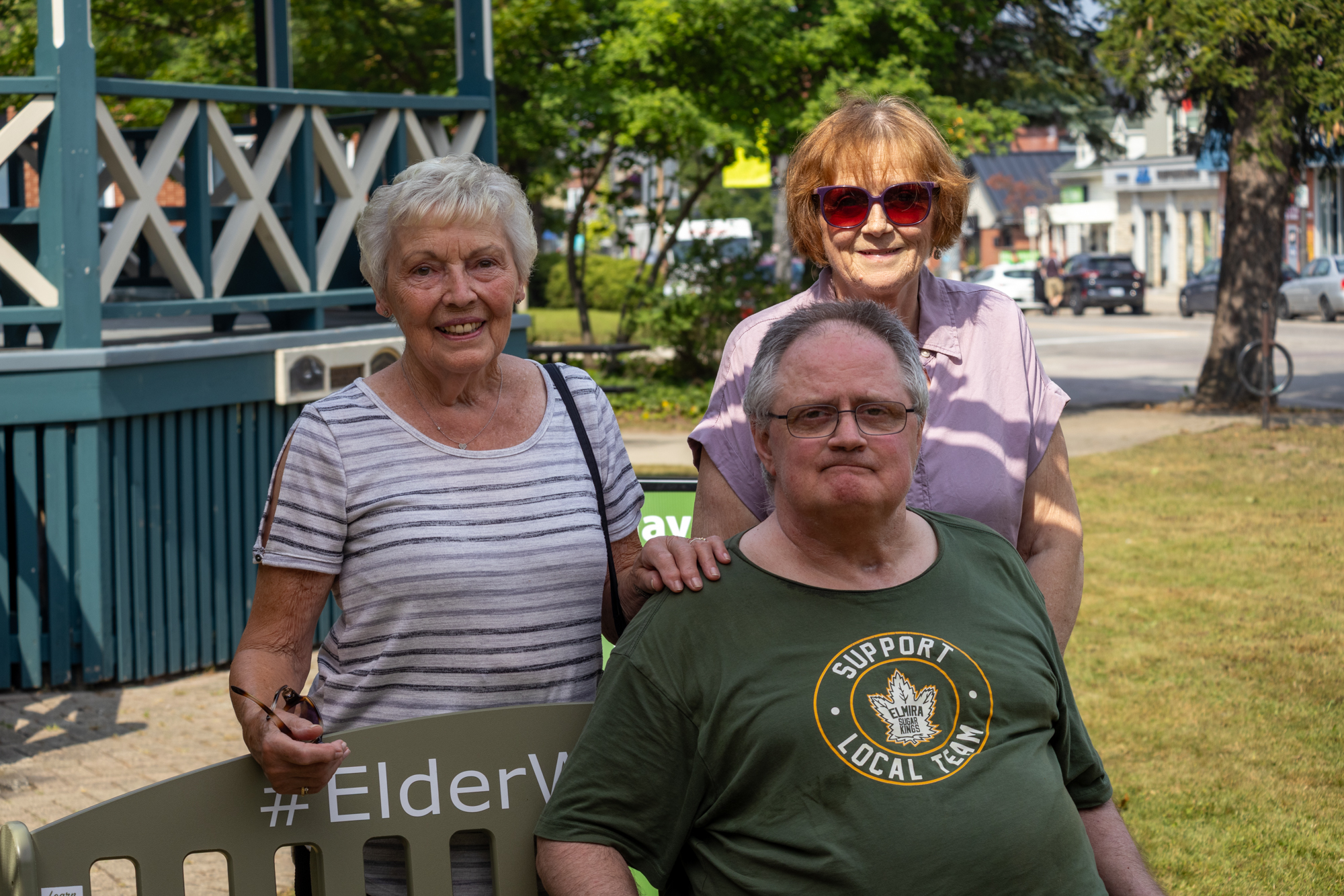 Friends and loved ones gathered with Tom around the Green Bench during his return to his hometown of Elmira.