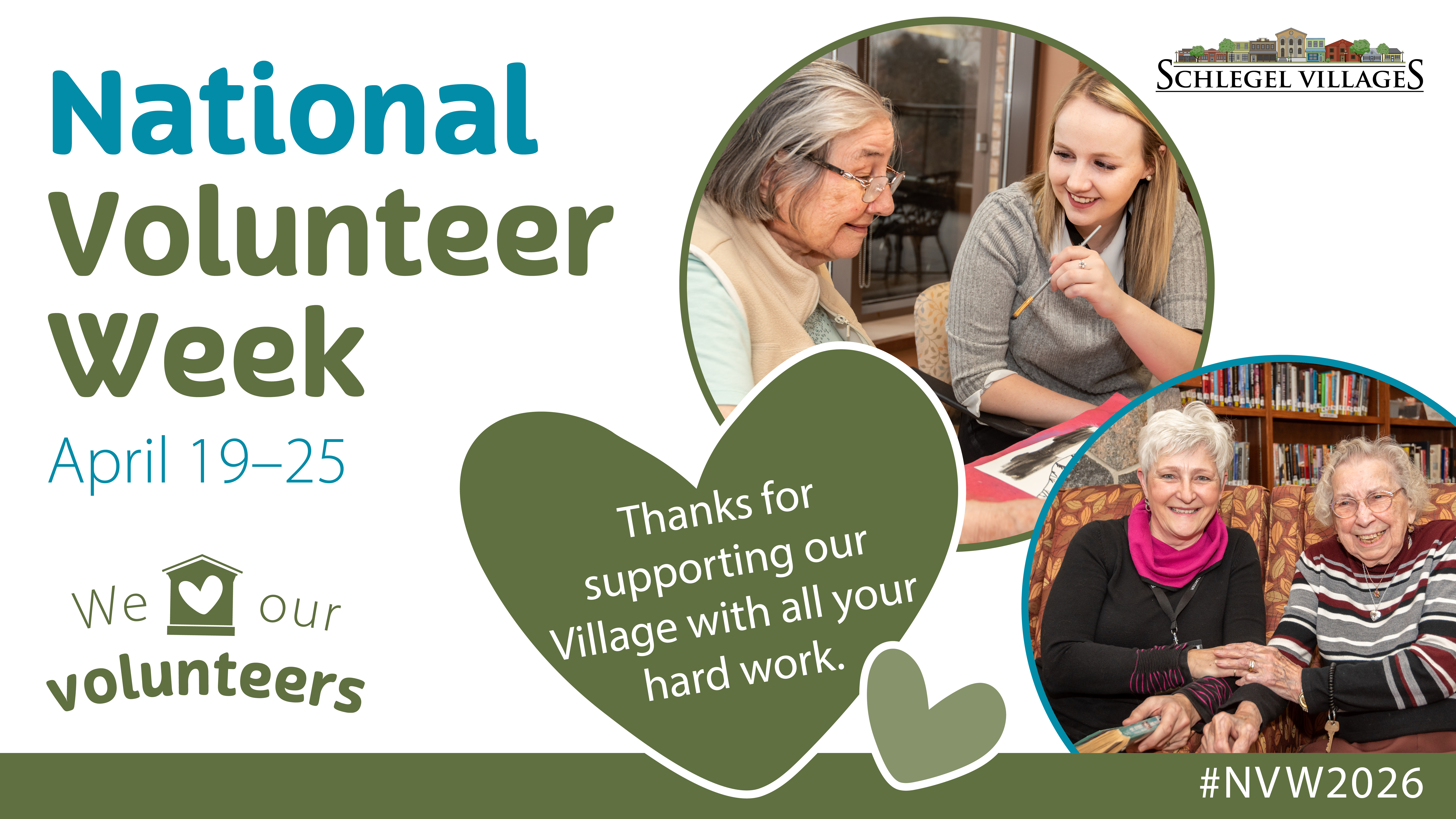 A National Volunteer Week Banner image with a message of gratitude and a picture of a young volunteer with an older resident.