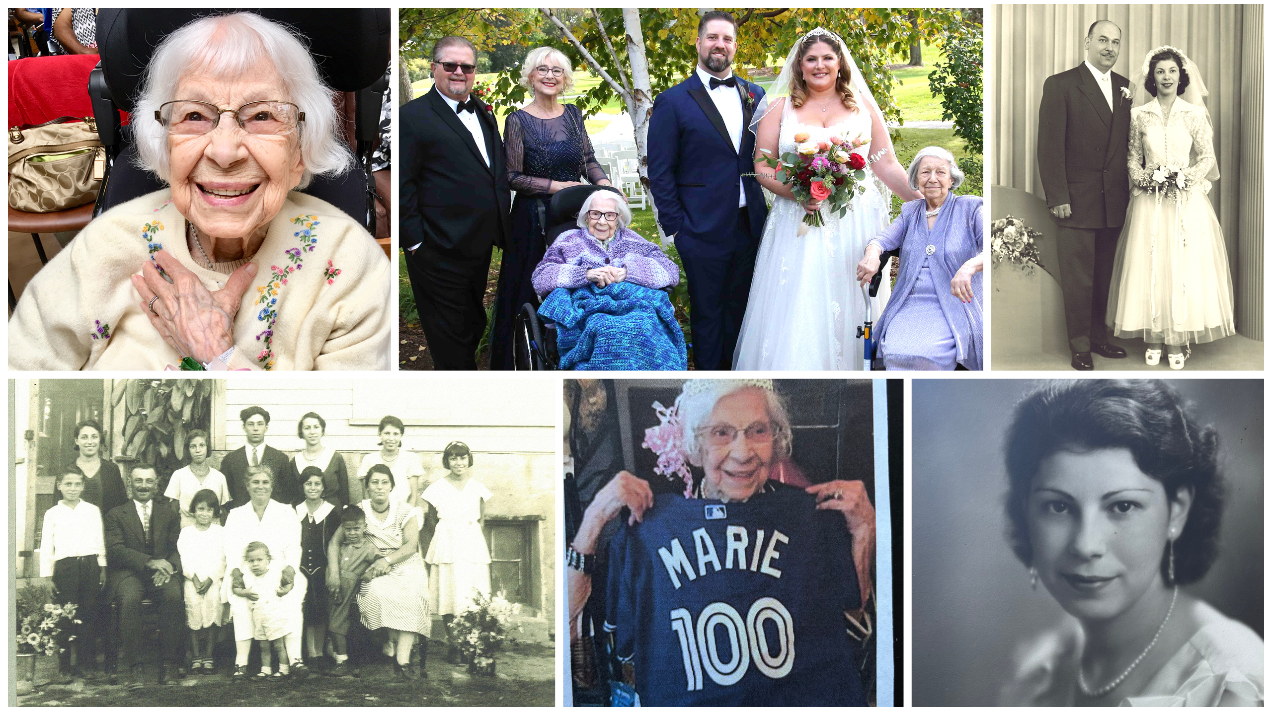 We see a collection of photos of Marie over the years, from her as an older woman to others with family, both present and past. We also see her wedding photo and one of her as a young, 19-year-old. 